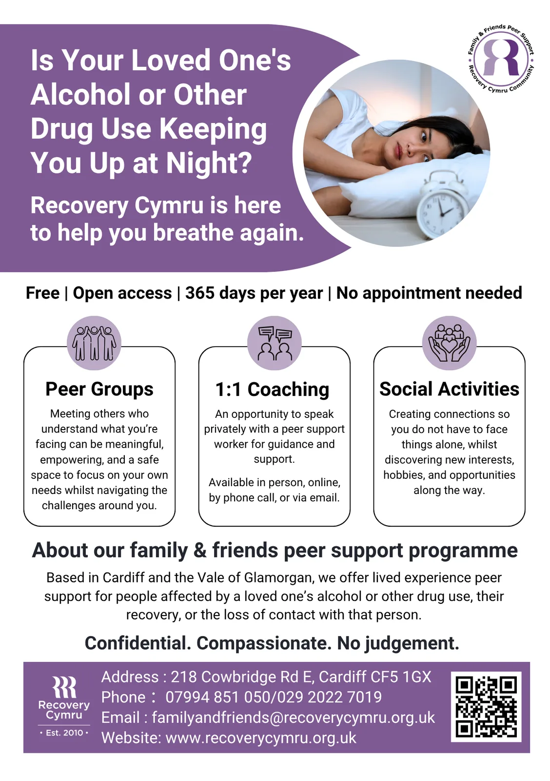 Recovery Cymru Family and Friends peer support flyer.