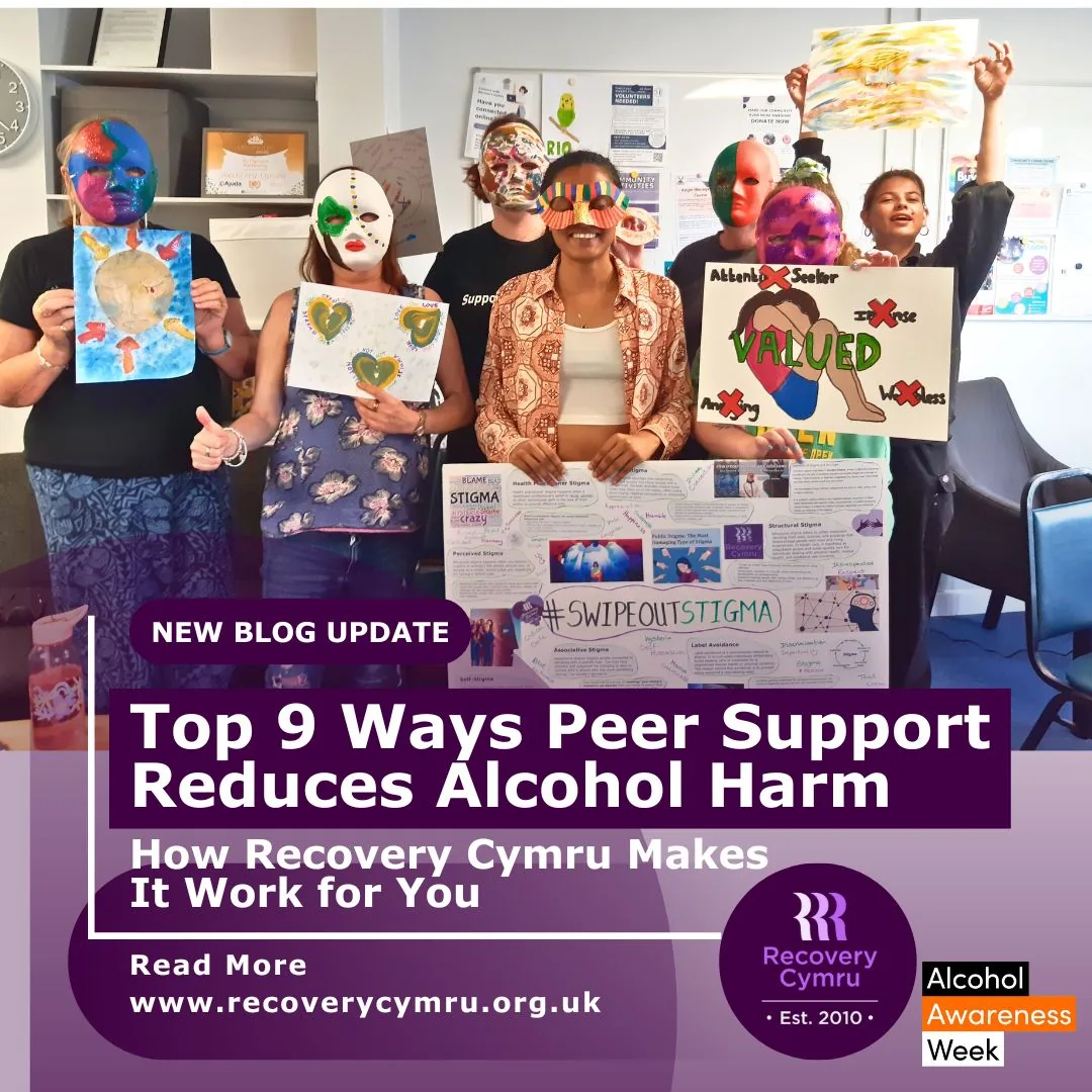 Recovery Cymru creative campaign artwork about how peer support can reduce alcohol harm.