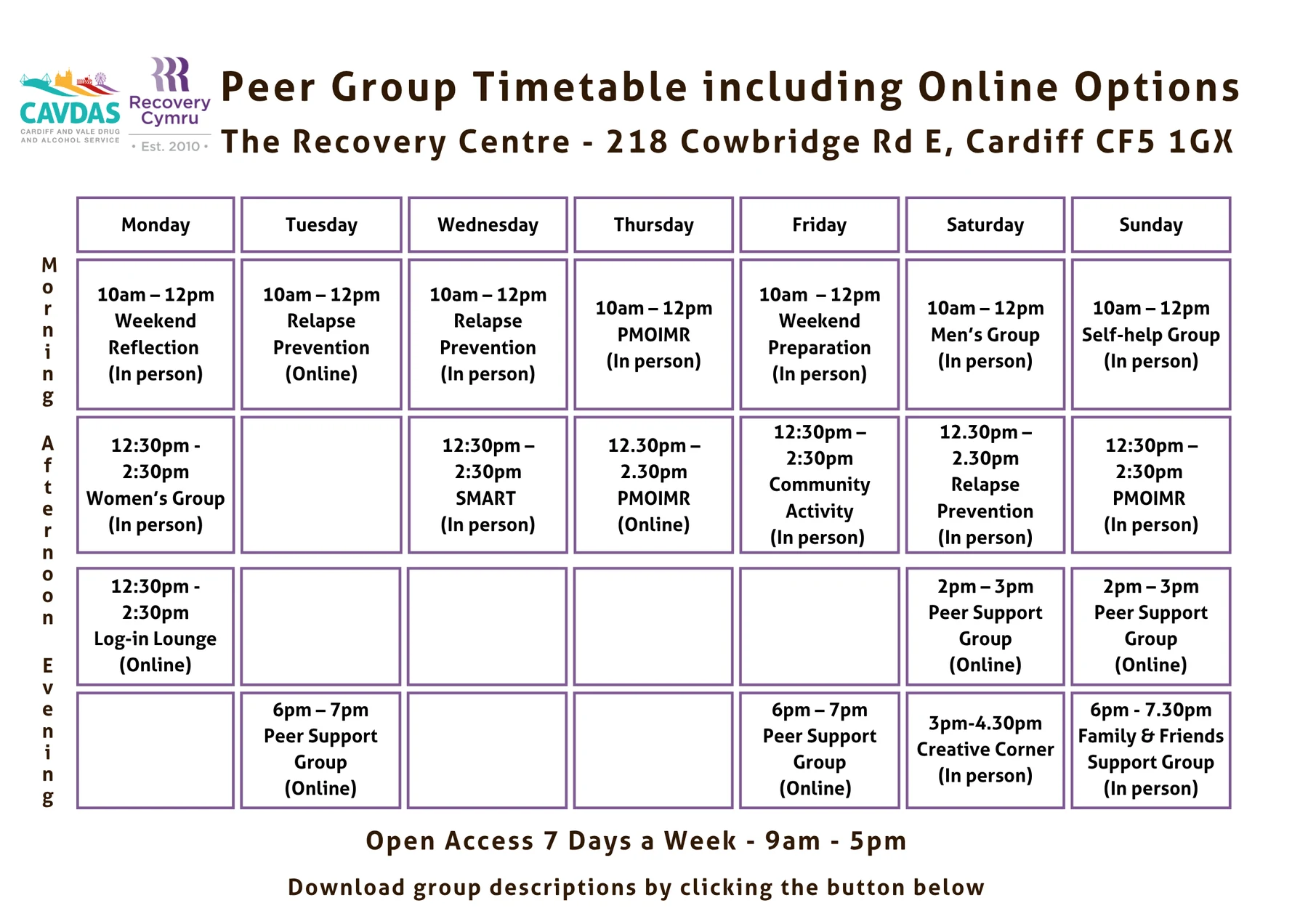 Recovery Cymru weekly peer group timetable including online and in-person options.